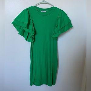 Zara Green Ruffle-Sleeve Ribbed Dress
